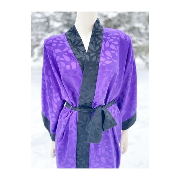 80s Diamond Tea Satin Loungewear Set Kimono Sleeve Duster Robe Trousers Purple B - Picture 11 of 16